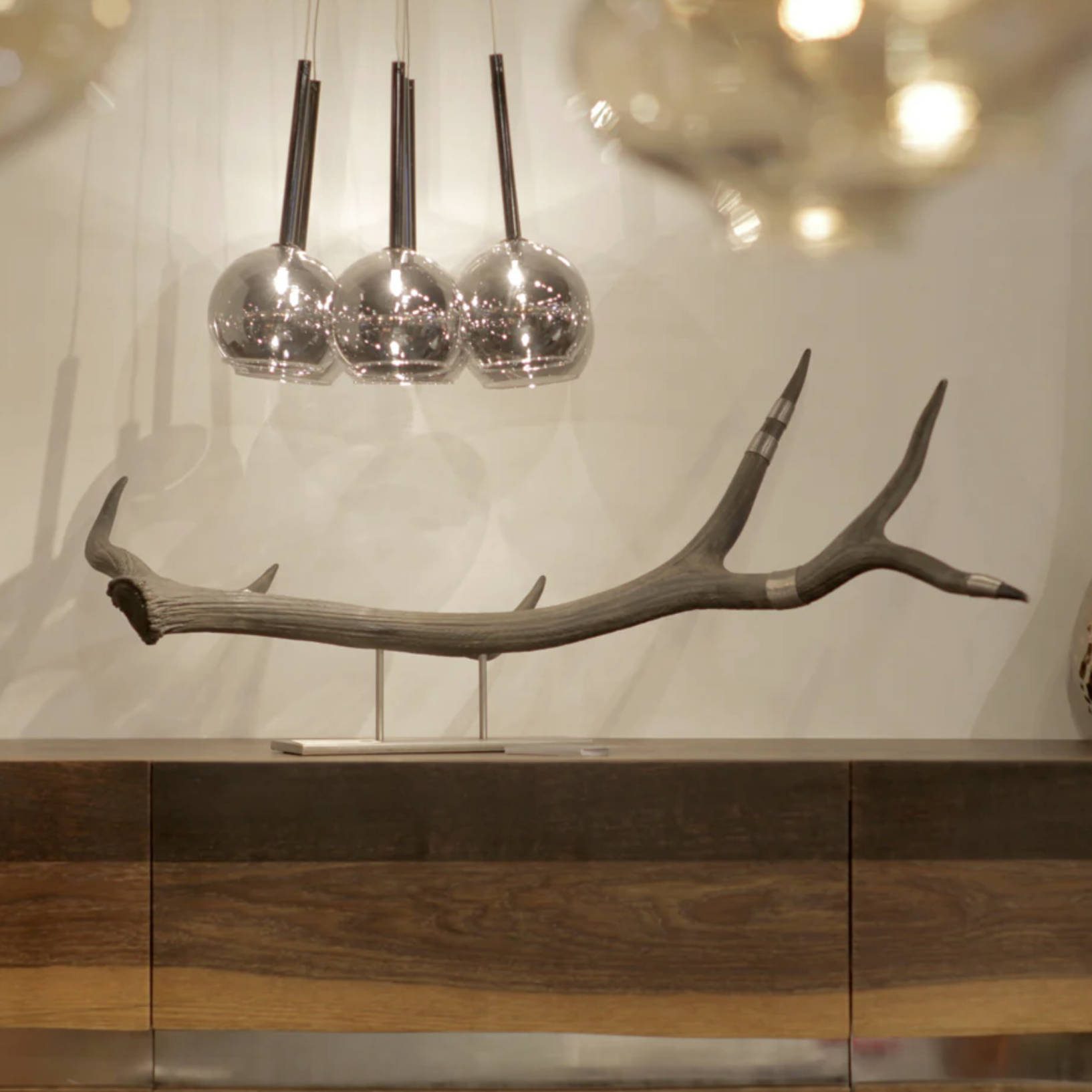 Elk Antler Sculpture in Black with Hand-Wrapped Brass Wire