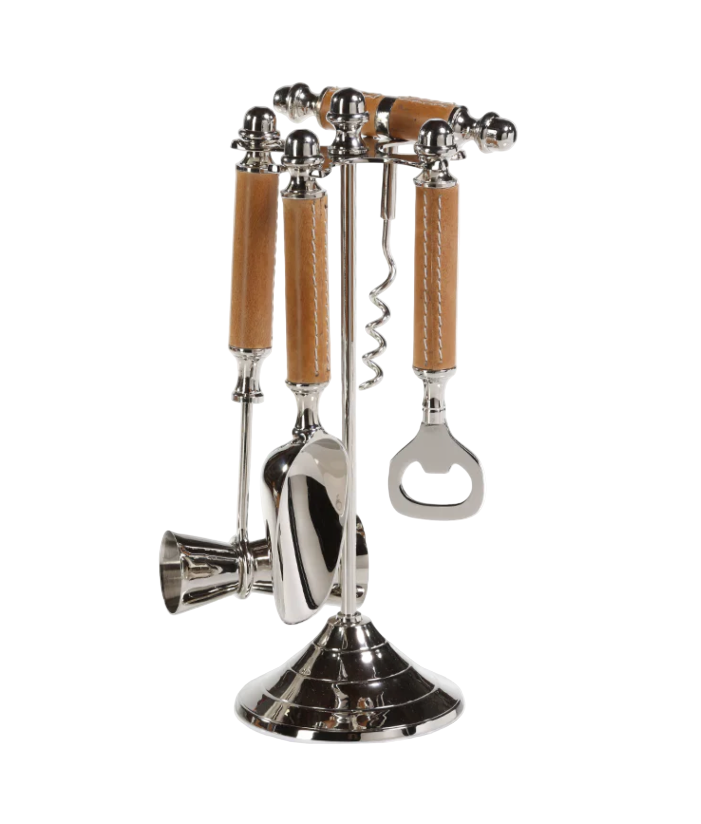 Algarve Polished Nickel and Leather Bar Tool Set