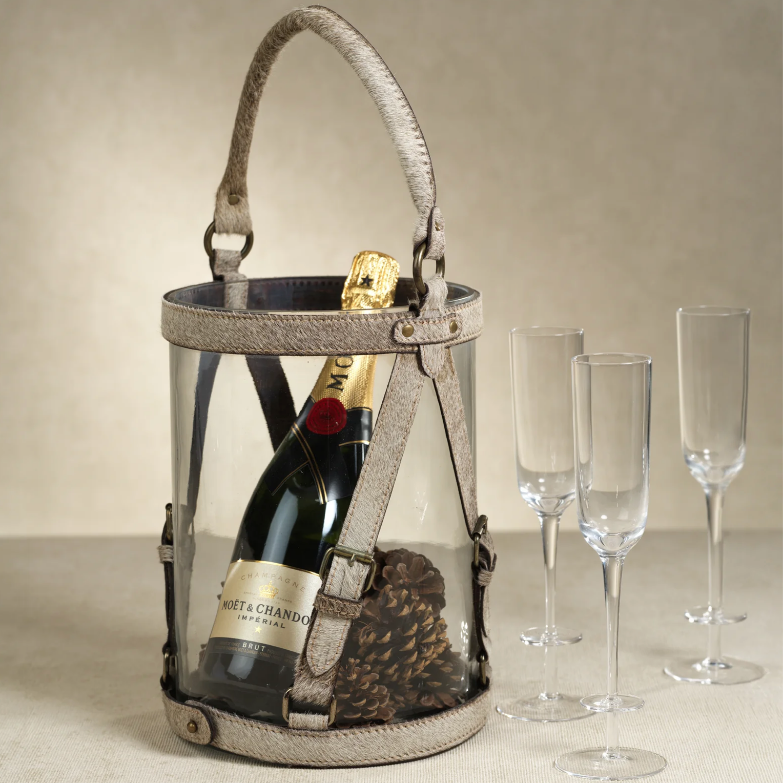 St. Moritz Hair On Hide Leather Glass Hurricane / Ice Bucket