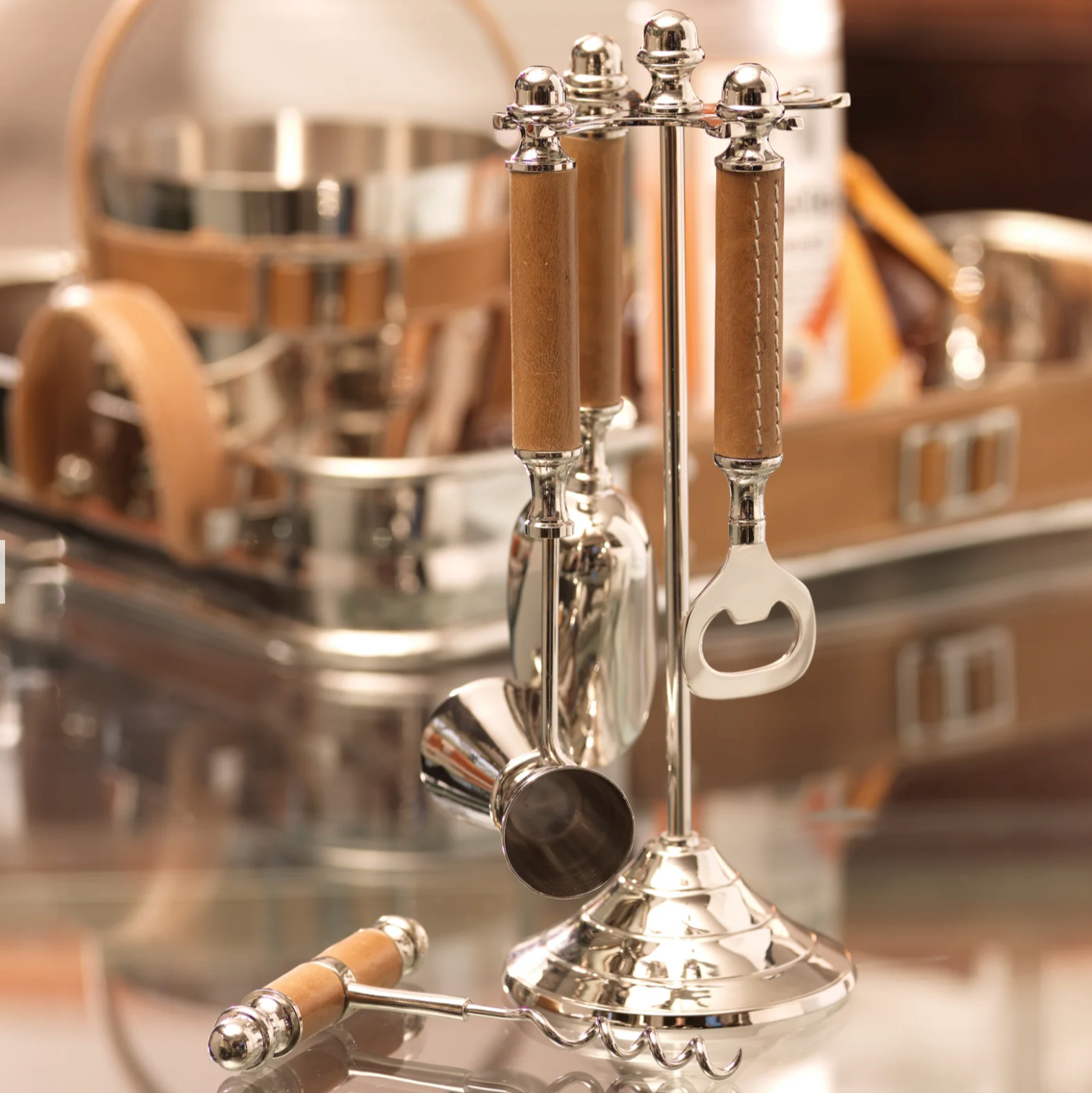 Algarve Polished Nickel and Leather Bar Tool Set