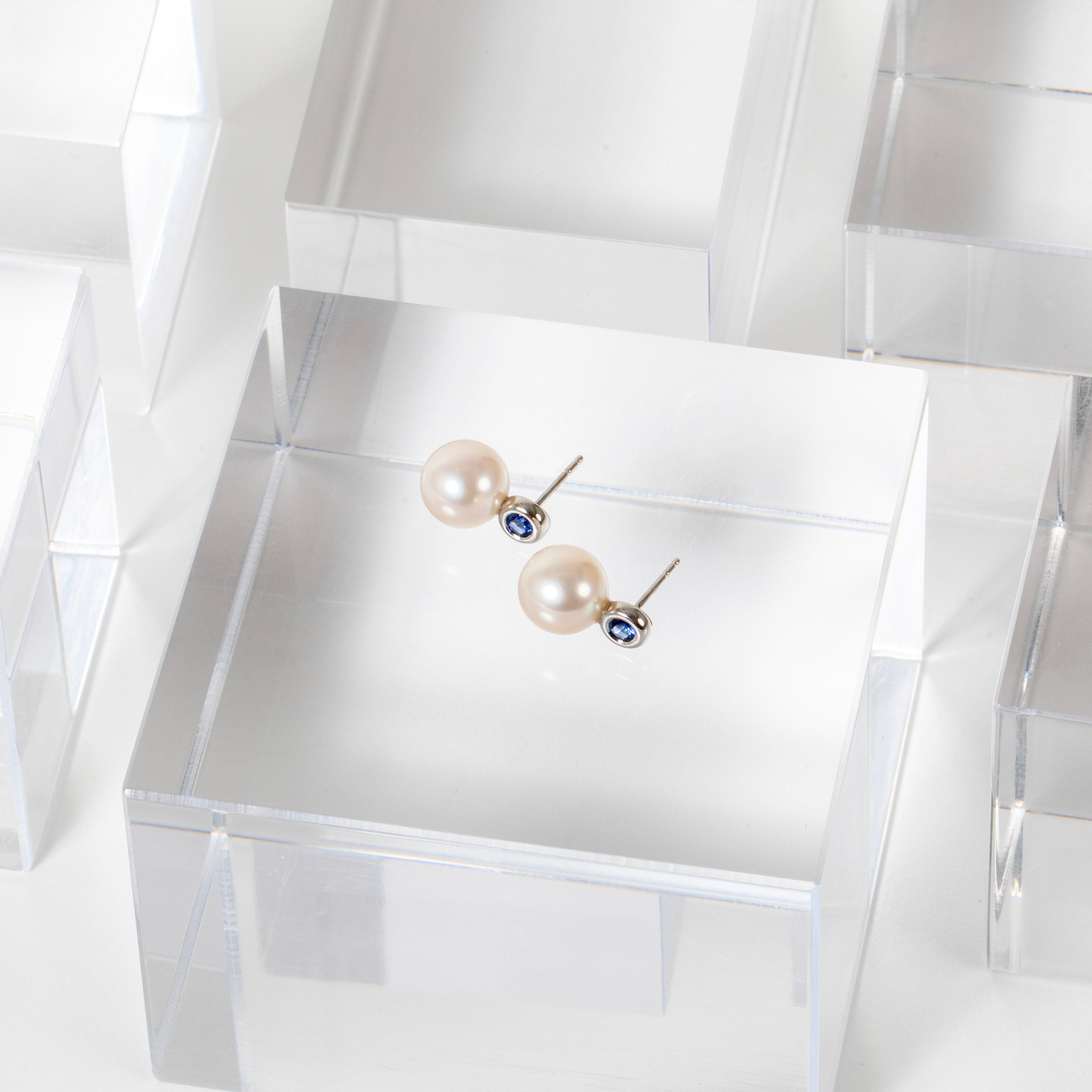 Jill Blake<br> 18k Akoya Pearls with Bezel set Blue Sapphires